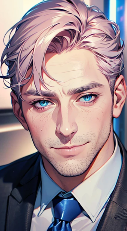 (best quality,4k,8k,highres,masterpiece:1.2),ultra-detailed,(realistic,photorealistic,photo-realistic:1.37),1 man,3,mature man,very handsome,without expression,smile,short grey pink hair,blue eyes,penetrating gaze,perfect face without errors,imposing posture,businessman,office background,cinematic lighting,hdr image