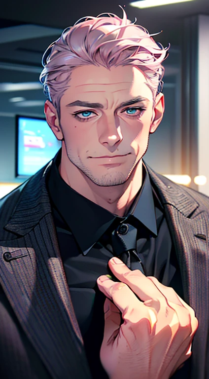 (best quality,4k,8k,highres,masterpiece:1.2),ultra-detailed,(realistic,photorealistic,photo-realistic:1.37),1 man,3,mature man,very handsome,without expression,smile,short grey pink hair,blue eyes,penetrating gaze,perfect face without errors,imposing posture,businessman,office background,cinematic lighting,hdr image