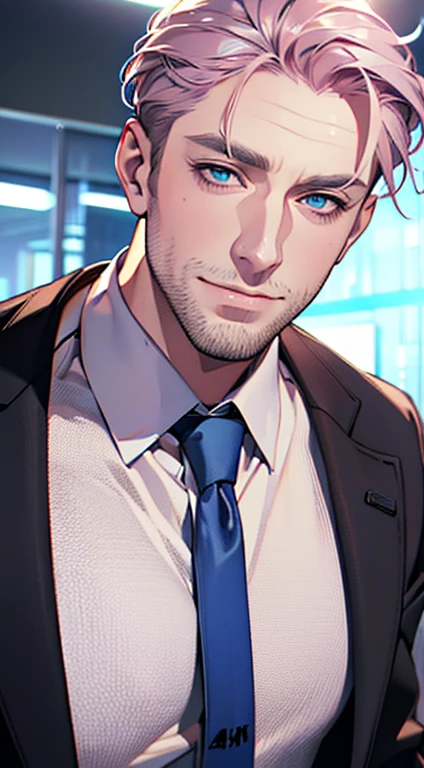 (best quality,4k,8k,highres,masterpiece:1.2),ultra-detailed,(realistic,photorealistic,photo-realistic:1.37),1 man,3,mature man,very handsome,without expression,smile,short grey pink hair,blue eyes,penetrating gaze,perfect face without errors,imposing posture,businessman,office background,cinematic lighting,hdr image