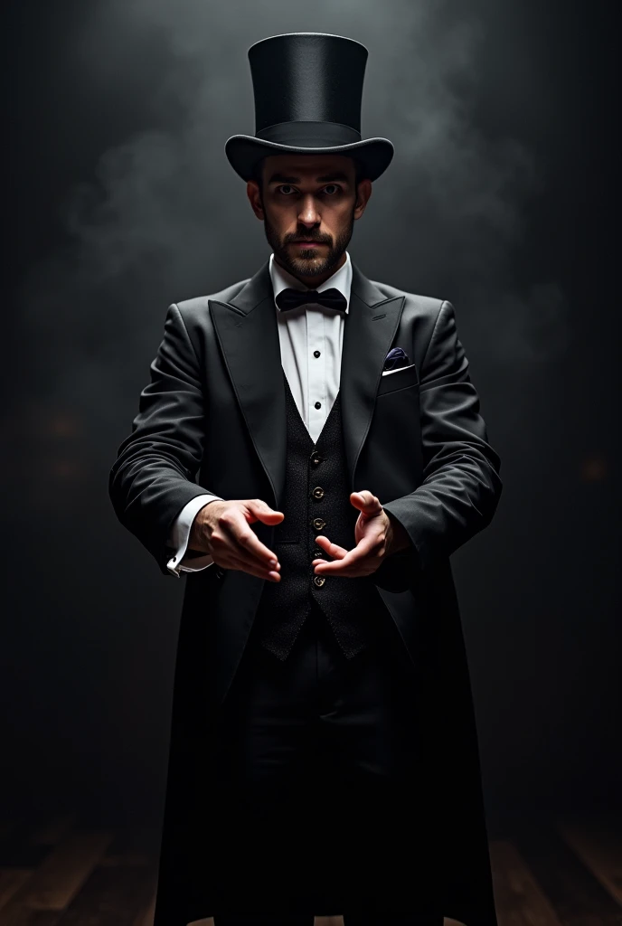 Realistic photo of a magician in a frontal position on a stage ready to do magic, face facing the observer
