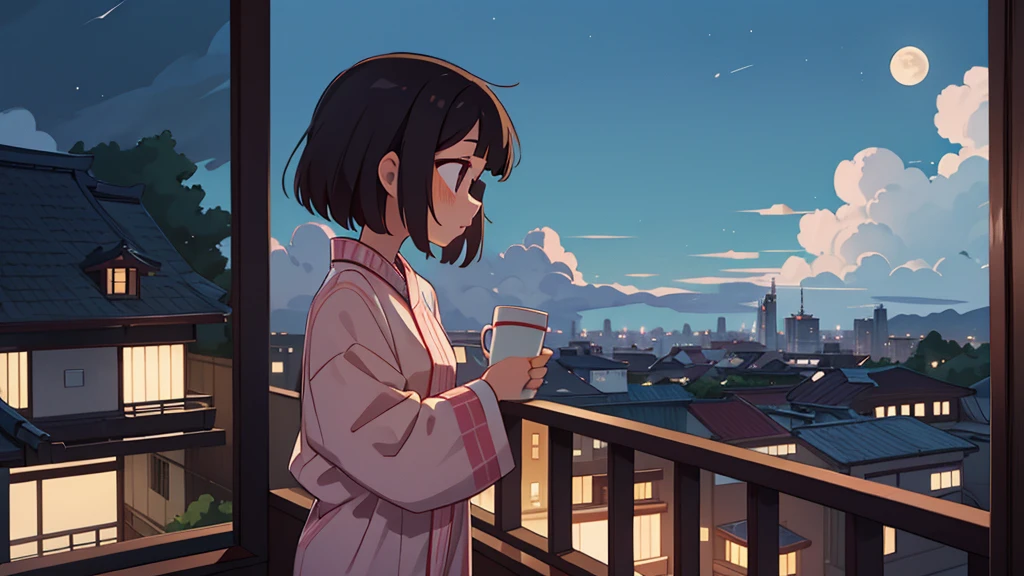 A young Japanese woman in pajamas looking at the night view from the balcony of a high-rise apartment building. The woman has dark hair and holds a mug of coffee in one hand. In the distance are a residential area, the moon, and clouds.