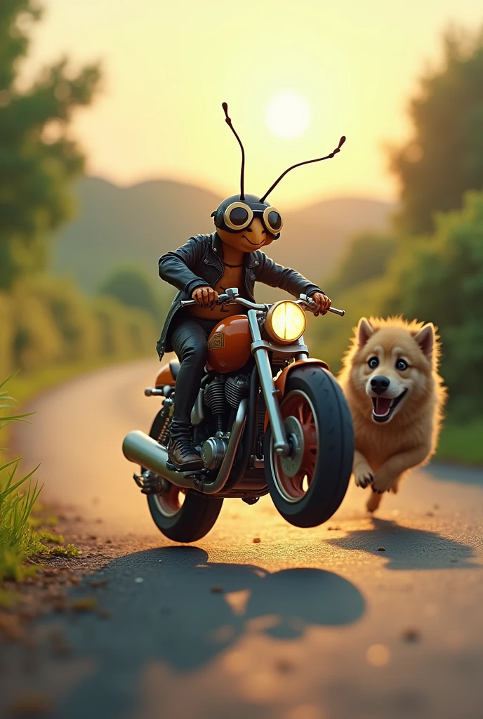 Ant riding a motorcycle has an accident with a dog