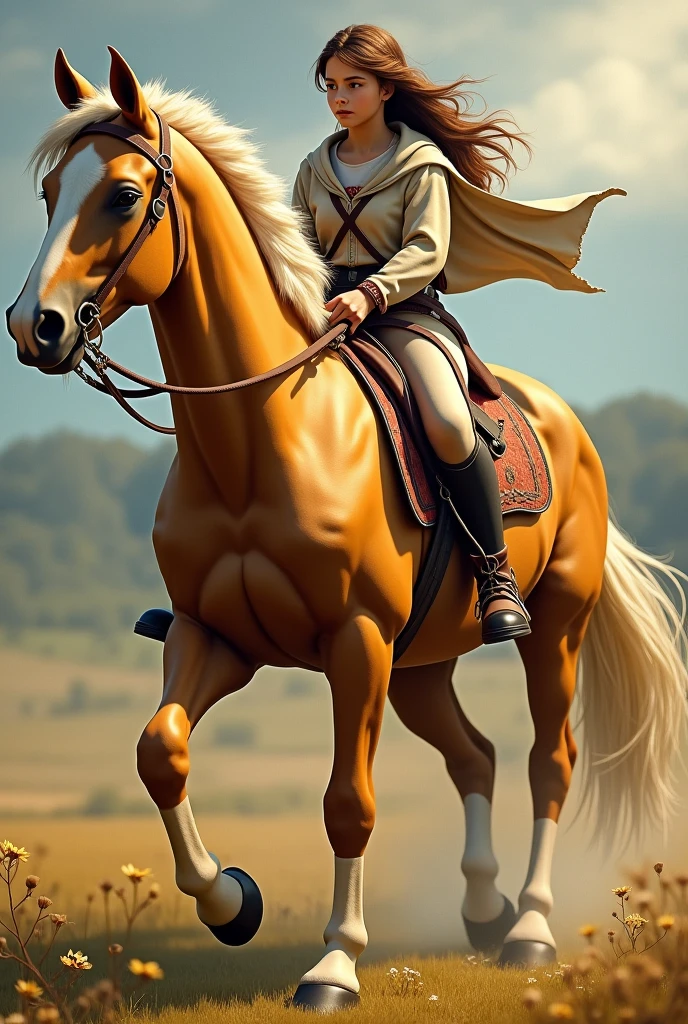 A beautiful strong gold horse with a white blaze and black maine anf tail a girl without a saddle with brown hair and riding boots sits on him without saddle!