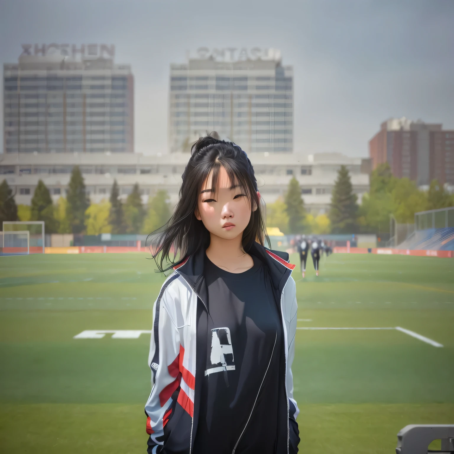 A woman standing on a football field,Holding a football in his hand, Wearing a track suit, Shot with Canon 80D, Photos taken with Canon 5d, Shot with Sony Alpha 9, Xue Han, Shot with Canon EOS 5D, Shot with Canon EOS 5D, Shot with Canon 5d mk4, Shot with Canon EOS 5D