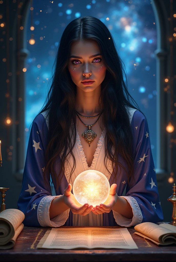Mystical astrologer woman, Black Hair,Straight Long Hair,Pink Eyes,A flowing robe with an intricate star pattern, Holding a shining crystal ball, Beautiful attention to detail, Beautiful lip detail, Long eyelashes, Very detailed目と顔, Celestial background with stars and constellations, A desk filled with ancient scrolls and astrological tools, soft, Fantastic lighting, Dramatic Shadows, Slight bokeh effect, Sharp focus, Professional, Vibrant colors, Artisan Style, Magical atmosphere, Space theme, (Highest quality, masterpiece:1.2), Very detailed, (Realistic, photoRealistic), figure, 8k, High resolution