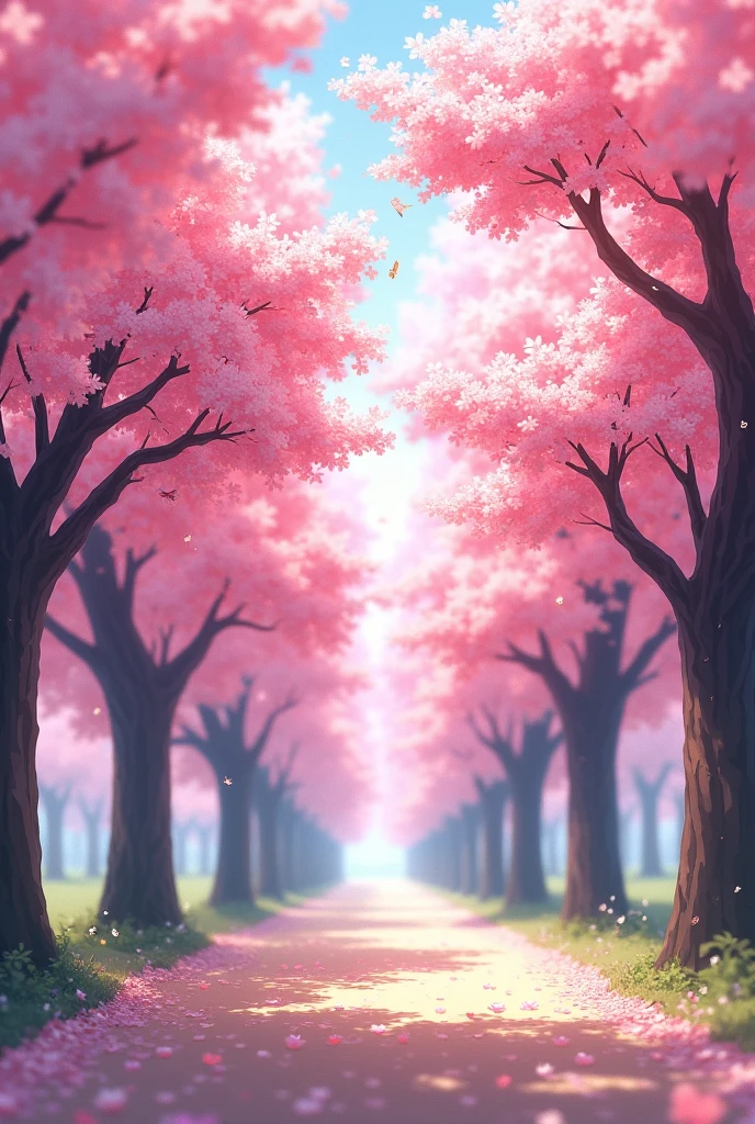 Imagine a grove of cherry trees in full bloom, their branches covered in delicate pink blossoms. Sunlight filters through the blossoms, creating a soft, ethereal glow. The air is filled with the sweet fragrance of the cherry blossoms, attracting bees and butterflies. The scene is peaceful and serene, perfect for a leisurely stroll. Anime style
