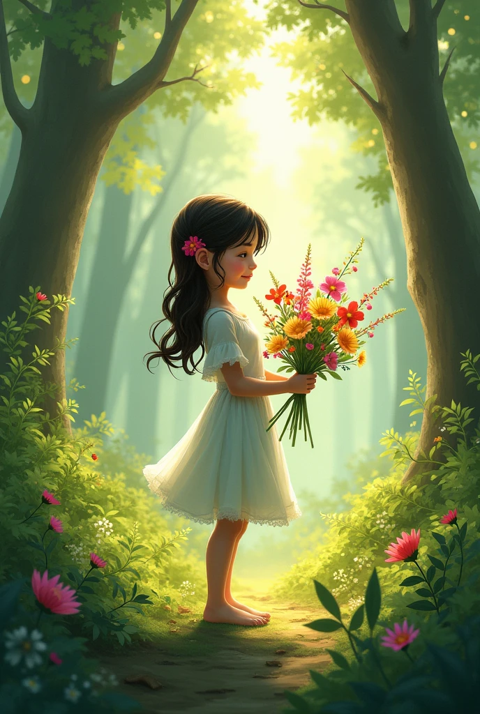 Setting the Scene: In a lush, green forest, a young girl named Mia is collecting wildflowers.