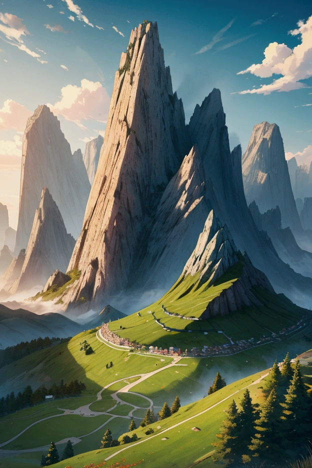 generate a 4k quality picture in style of illustration: a ground filled with grasses,have trees also have mountains