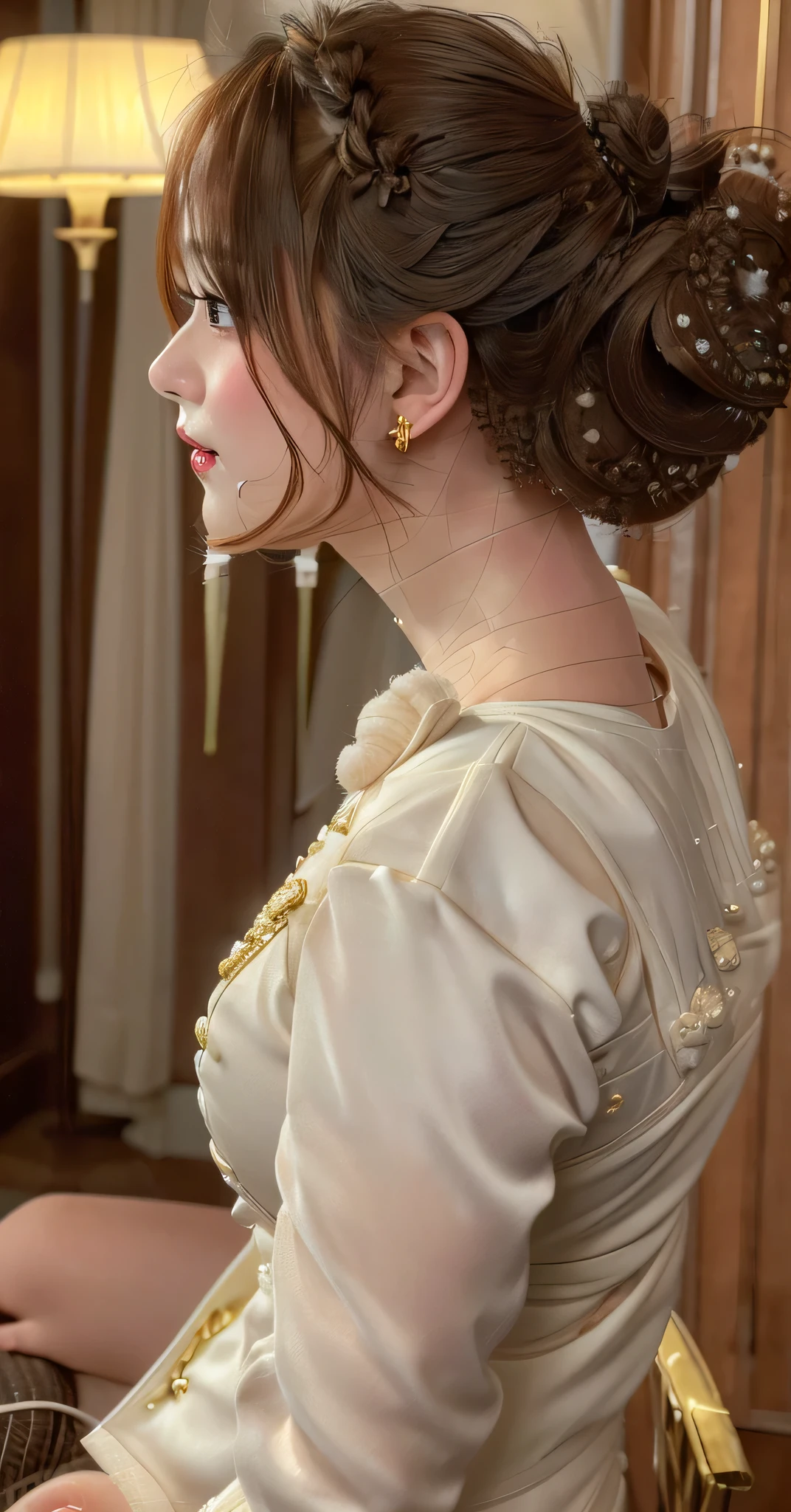 (8k,RAW Photos,Like the picture:1.45),masterpiece,Highest quality,wonderful,(セクシーなMature Woman:1),(Mature Woman:1.3), (3 woman.1.3)、(((very, very大きい)))、(((Extremely lewd and very huge boobs)))、(((Very deep cleavage)))、Hyper Real、In the lounge of a luxury hotel、A beautiful and dignified smile、Beautiful white skin、Beautiful, delicate and precise skin texture、With long, fluffy, beautiful brown hair((Updo:1.85))、Beautiful Japanese Women、(Big Ass)、Thick thighs、Bright red lips、Gold earrings、Gold bracelet、Gold Necklace、{Royal Blue Suit(White blouse)},