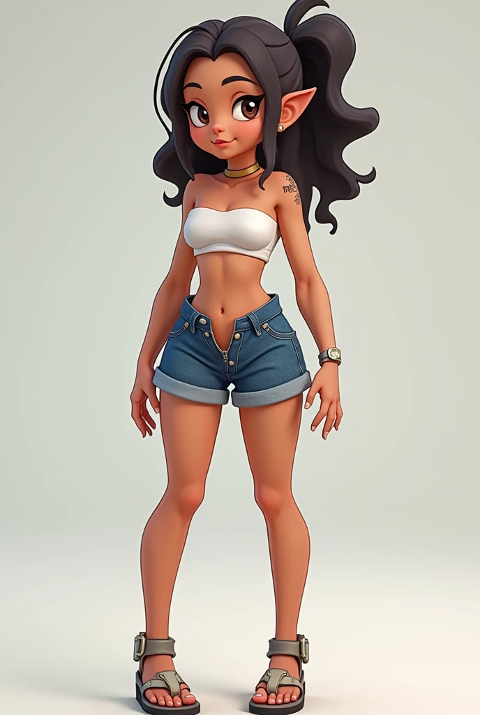 Amalia Sheran Sharm from Wakfu. She is 1.4 meters tall and wearing a denim daisy dukes shorts, a tube bra, and palladium revolt sandals. Unzipped shorts revealing white underwear, extremely detailed feet and toes, beautiful detailed eyes, beautiful detailed lips, extremely detailed eyes and face