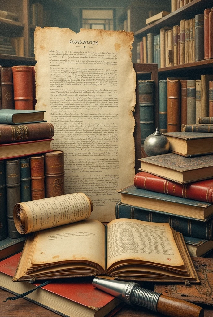 Collage art about library material conservation, material conservation strategies, full of elements