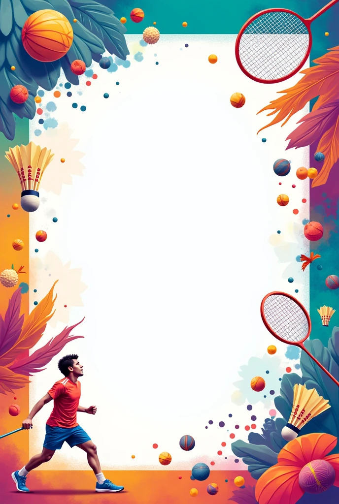 A4 sheet having blank space in center and its boder have "badminton racket, cock and player design" In multi bright coloure