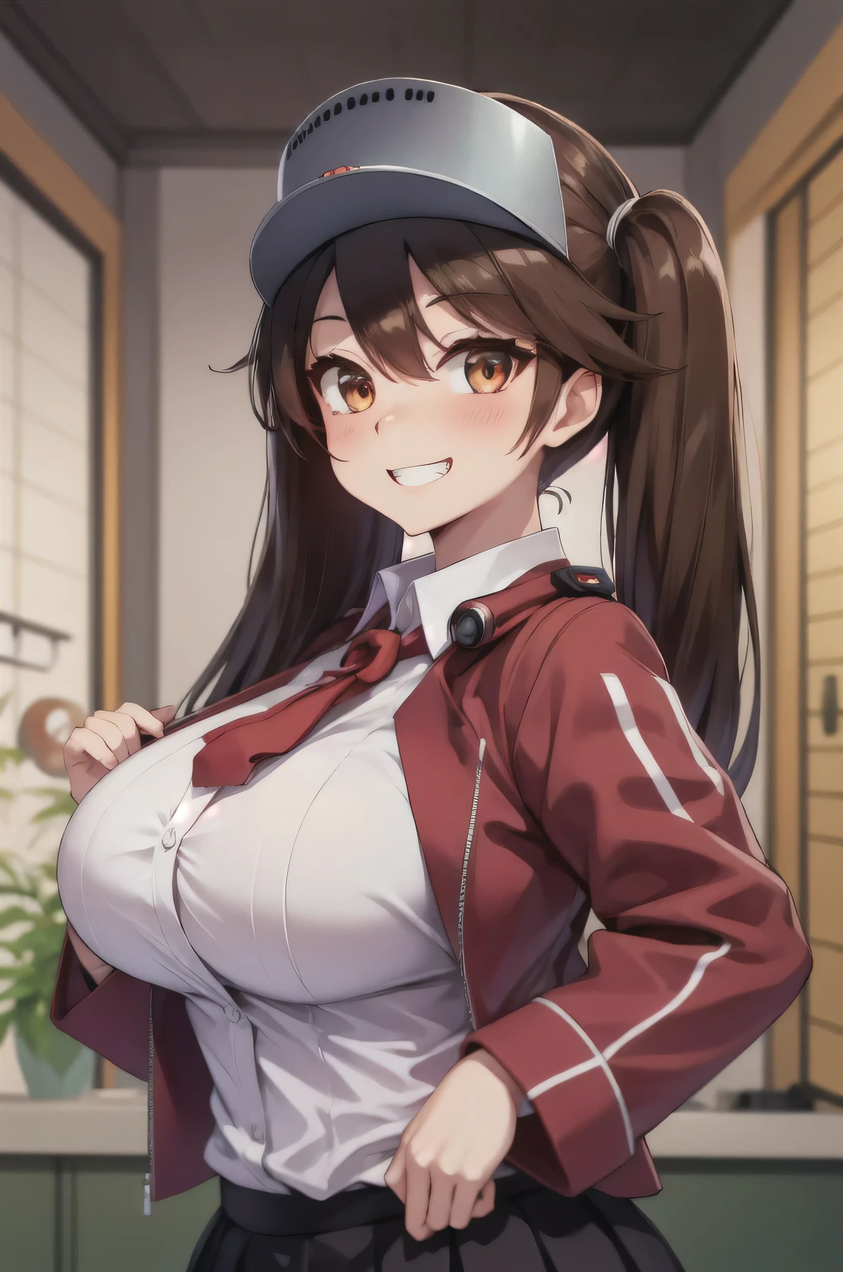 Highest quality, masterpiece, High resolution, alone, {Ryujo_Fleet Collection:1.15}, brown_hair, Twin tails, brown_eye, mag de ama, visor_cap, His posts, length_hair, smile,blush, One person, Japanese_Clothes, Red Jacket Scroll, shikigami, skirt, Grin, pleed_skirt,(Huge breasts:1.4)