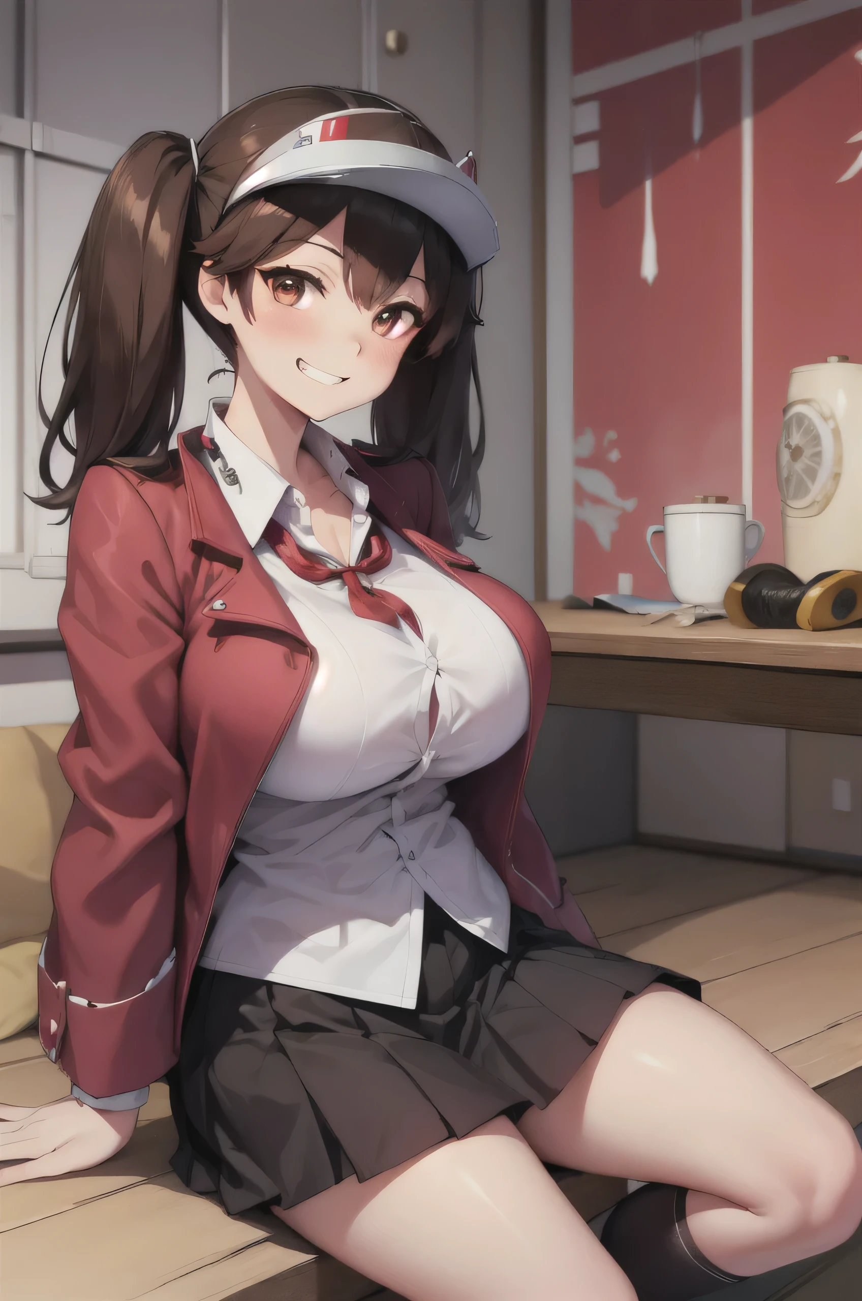 Highest quality, masterpiece, High resolution, alone, {Ryujo_Fleet Collection:1.15}, brown_hair, Twin tails, brown_eye, mag de ama, visor_cap, His posts, length_hair, smile,blush, One person, Japanese_Clothes, Red Jacket Scroll, shikigami, skirt, Grin, pleed_skirt,(Huge breasts:1.4)