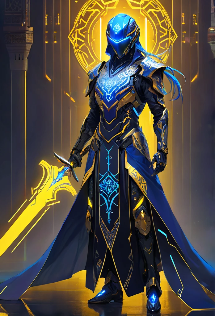 The wallpaper showcases a full-body depiction of a futuristic Islamic warrior, blending traditional elements with advanced cyberpunk technology.yYELLOW COLOR The warrior stands tall, exuding power and righteousness, with long blue hair tied into a sleek ponytail, and intense purple eyes that glow with an otherworldly ENERGY YELLOW COLOR YELLOW COLOR YELLOW COLOR 
His armor is a high-tech, cyberpunk version of traditional Islamic armor. It is composed of sleek, metallic plates that cover his entire body, reminiscent of Iron Man's suit but with an Islamic cultural twist. The armor features intricate geometric patterns and calligraphy etched into the metal, glowing softly in a neon blue that contrasts with the dark, matte black of the suit. The plates are interconnected with glowing circuits, giving the armor a cutting-edge, futuristic appearance.

The warrior’s helmet, shaped in a way that respects Islamic cultural attire, has a visor that can retract, revealing his face, which is set in a calm, confident expression. The visor glows with the same neon blue light as his armor, and when activated, it displays intricate holographic readouts and symbols, reminiscent of advanced HUDs in cyberpunk settings.

His right arm is equipped with a long, cybernetic sword that seems to be a fusion of metal and light, glowing with a frosty, icy blue aura. The blade is etched with Quranic verses in flowing Arabic script, which pulse with energy. His left arm is a powerful gauntlet, capable of projecting energy shields or firing plasma bolts, with circuits running through it that glow with the same neon blue.

The warrior’s cloak is made of a high-tech, adaptive fabric that can blend into its surroundings, offering both camouflage and protection. The edges of the cloak are adorned with glowing Islamic motifs, and it flows gracefully as he moves, adding an air of mysticism to his otherwise futuristic appearance