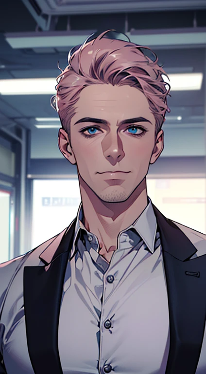 (best quality,4k,8k,highres,masterpiece:1.2),ultra-detailed,(realistic,photorealistic,photo-realistic:1.37),1 man,3,mature man,very handsome,without expression,smile,short grey pink hair,blue eyes,penetrating gaze,perfect face without errors,imposing posture,businessman,office background,cinematic lighting,hdr image