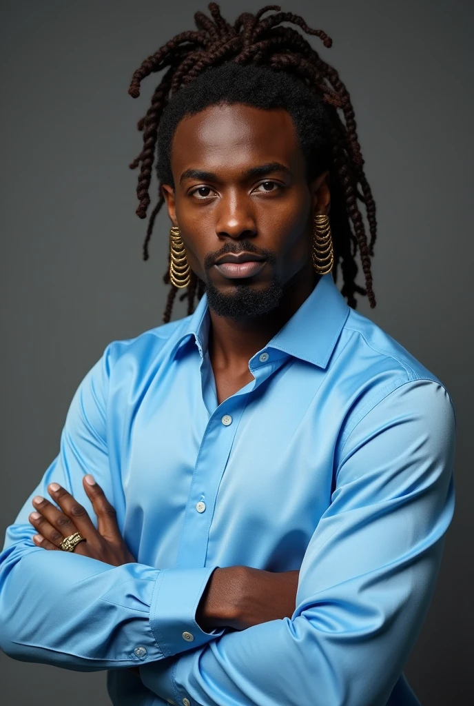 ((best quality)), ((masterpiece)), (detailed), 1boy, black man, blue shirt, hair in a low bun, long curly hair, hair half up looking at the viewer, arms crossed, white dress shirt, row of gold earrings