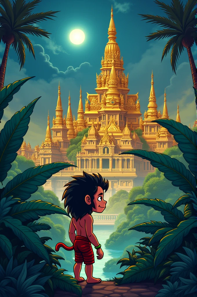 Create cartoon image style "Hanuman, with his powerful yet calm demeanor, lands in the mystical city of Lanka. The city is vibrant with golden palaces and lush gardens, yet there is an eerie darkness in the atmosphere. Hanuman, small in size, is hidden among large, exotic plants as he carefully observes his surroundings."