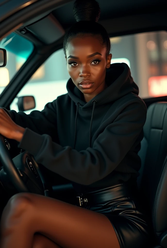 Black woman hair in a bun black hoodie black leather short shorts in the car driving Camera angle in the floor looking in between her legs behind the steering wheel