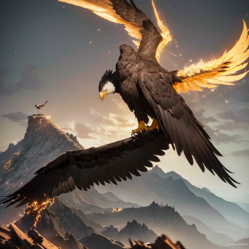High above the jagged peaks of a storm-swept mountain range, a monstrous eagle soars through the turbulent skies. Its wingspan is immense, casting a shadow that darkens the ground below as it glides effortlessly through the tempest. The eagle's talons, sharp and unforgiving, are poised to strike, and its beak, hooked and cruel, gleams with a deadly edge. Lightning flashes across the sky, illuminating its fierce, golden eyes that seem to pierce through the very soul of its prey. With a screech that echoes like thunder, the eagle dives, a living bolt of fury descending upon the world below. It is the embodiment of the storm, a harbinger of destruction that strikes without mercy from the heavens.