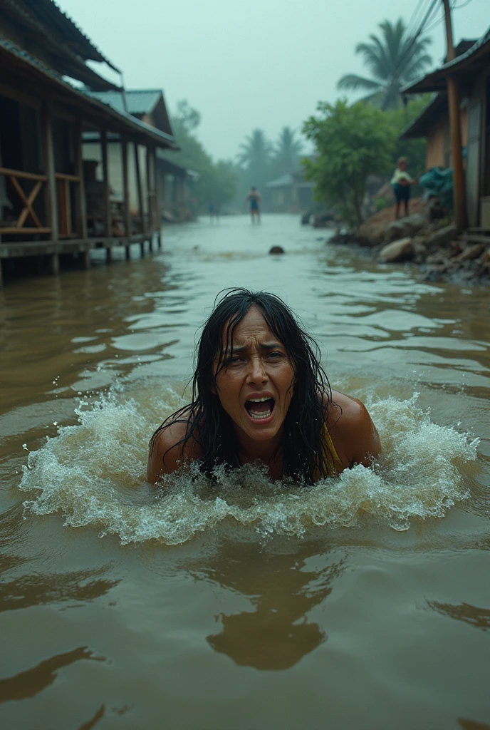 hyperrealistic survival close up photography of japanese woman crawling in a deep muddy swamp, bare body soaking in mud, (muddy, dirty, skin pores), sagging breast, hopeless look, dark and foggy background, misty atmosphere, volumetric lighting, scary night, natural colour, mysterious, dramatic,