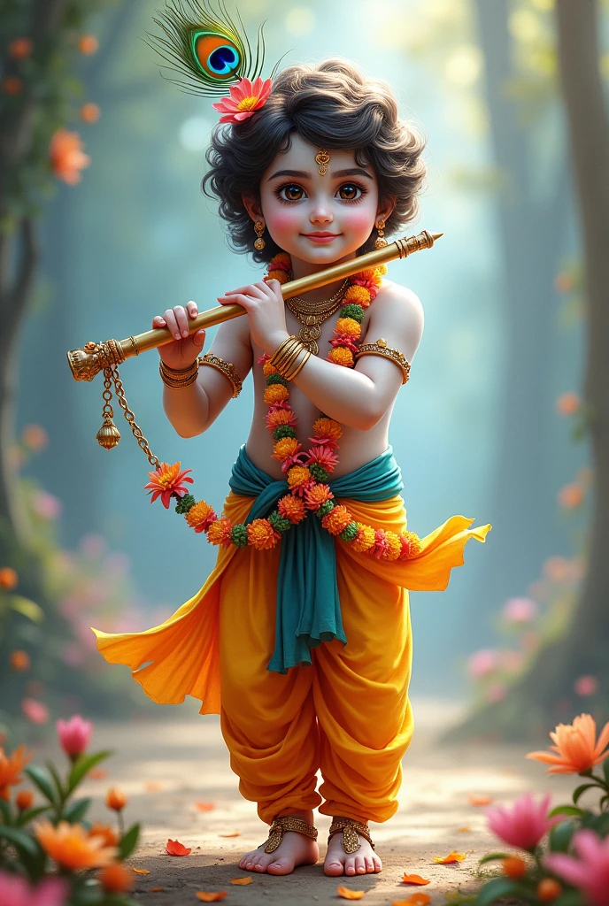 Generate a full-body image of   Lord Krishna standing with smile face. He should have a cute face resembling Lord Jagannath, holding a flute in his hand. He should be wearing a beautiful garland around his neck, with a peacock feather on his forehead. Make sure his attire is very elegant and divine