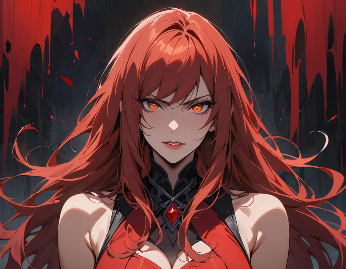 Long red hair, yellow eyes, evil, sexy, black and red clothes, cute hairstyle, evil face, evil, serious look, gloss lips, sinister, front look, bloody, gloves, close up, portrait, beautiful eyes, short dress, big white, dark place, night, sensual, straight hair cut, clear skin, evil, young 30 years girl, adult girl, solo, red, very long hair, (((Older mature woman)))