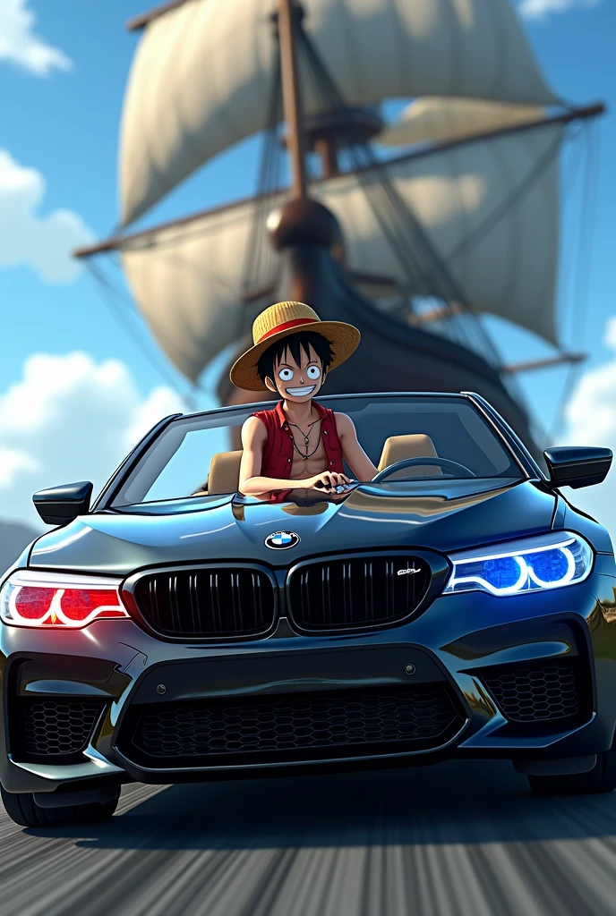Luffy with black bmw m5 with ship background with red and blue headlight