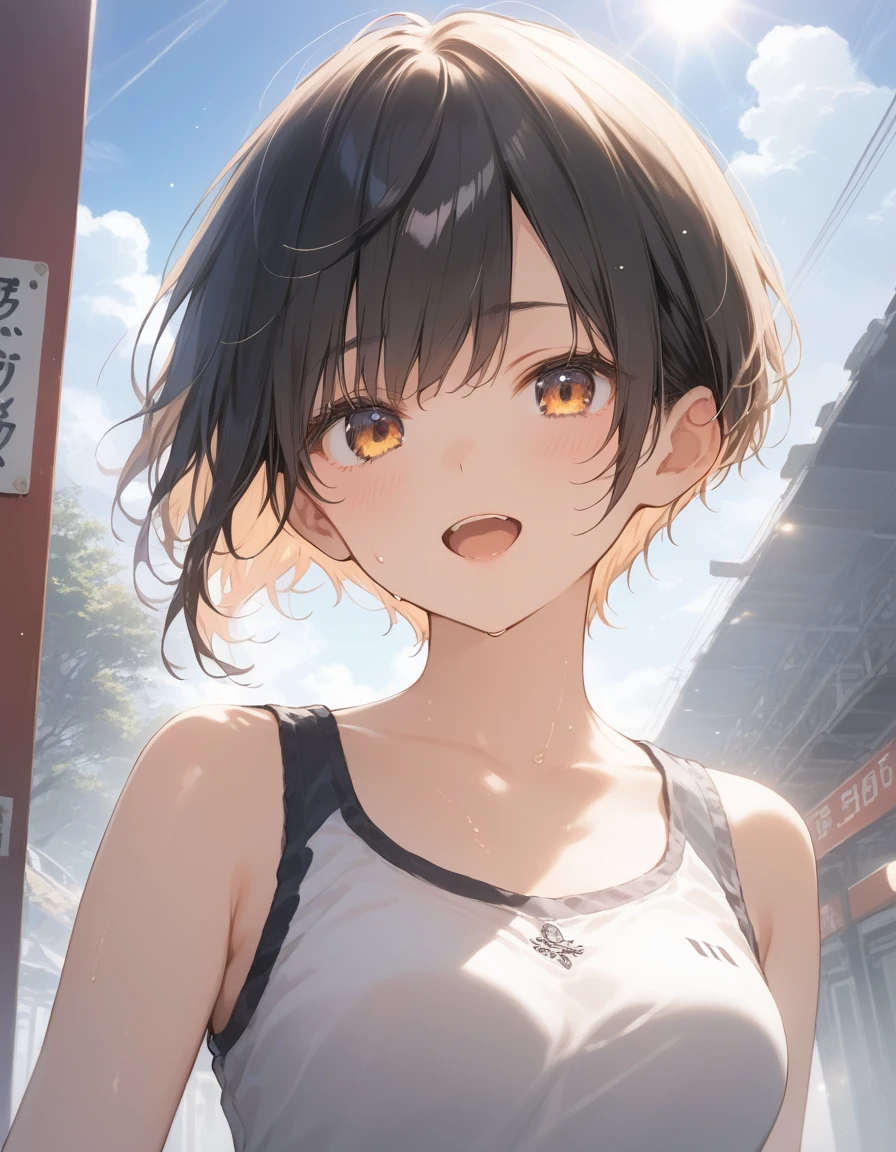 score_9, score_8_up, score_7_up, source_anime, best quality, masterpiece, official art, absurdres, highres, ultra-detailed,waifu2x,Collection: Slice of Life,break,1girl, short hair, pixie cut, flipped hair, medium breasts, beautiful (well-shaped) breasts,beautiful detailed eyes, sweat, gym shorts, (wavy mouth:0.3), open mouth, outdoors, (Detailed Lighting), (Detailed background),break,(clear line illustration:1.2), super detailed skin,very high resolution, very aesthetic, Best sexual lighting powered by famous artist, 8k, 16k, cute picture,beauty illustration,photoshop_(medium),,(Detailed Lighting),best anime 8k konachan wallpaper, pixiv contest winner,