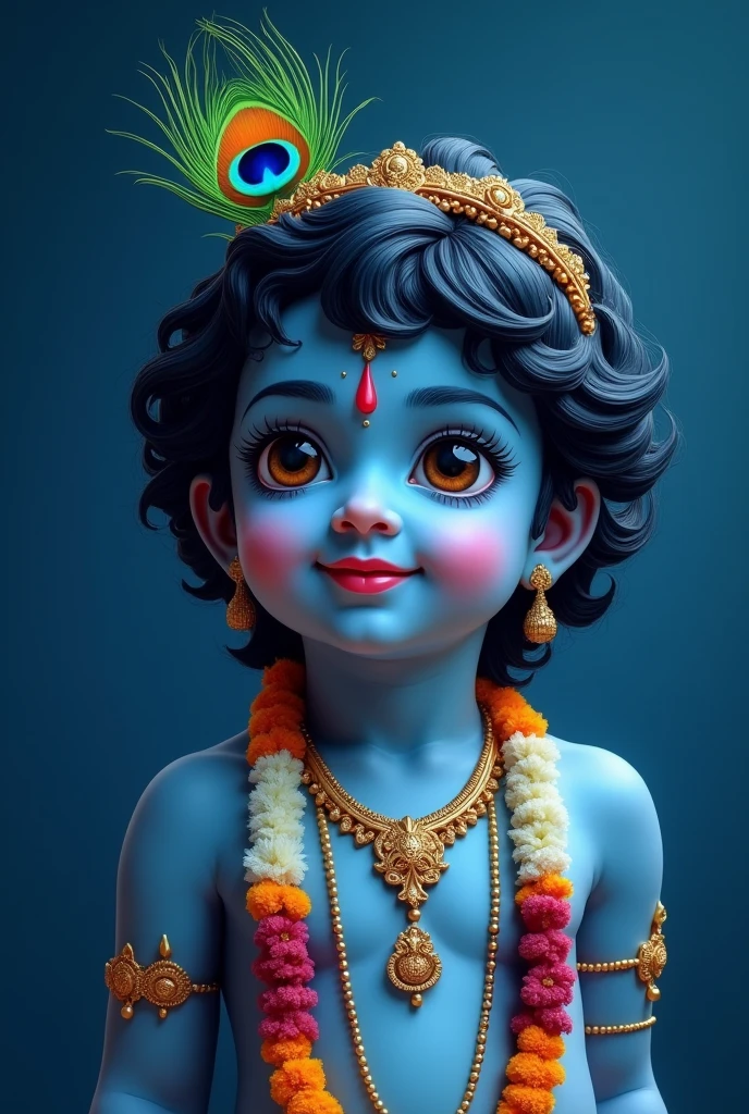 Fetch me an image on janmashtami of little krishna of blue colour with beautiful peacock feather on his head of single colour preferably blue more realistic.