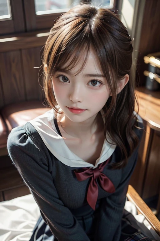 (1 slim 3yo Emma Watson,big breasts,feminine,symmetry eyes),BREAK,(Want me to kiss,fun,happiness,She likes me),(smile) school uniform,8k,Realistic photo style,Photorealism, Realistic, surreal,Best image quality, High resolution, Highest quality,cinematic, Intricate details,Ultra-fine detail, True light and shadow,Shots from the film, Professional Color Grading,Sharp focus, Film Grain,High Dynamic Range, charm, The most detailed skin texture