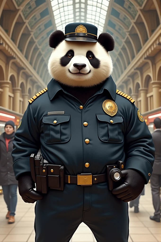 A panda works as a security guard at the St Lazare Paris metro station 