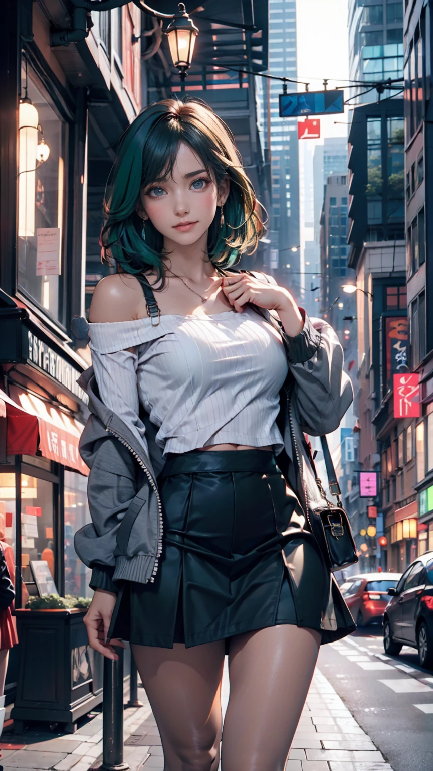 One person, black_skirt, green_hair, building, city, cityscape, hair_between_eye, Jacket, Looking_in_Audience, Moderate_hair, Multicolor_hair, multiple_, night, off_shoulder, Outdoor, pleined_skirt, road, shirt, skirt, Skyscraper, smile, 一人in_concentrated, street, white_shirt