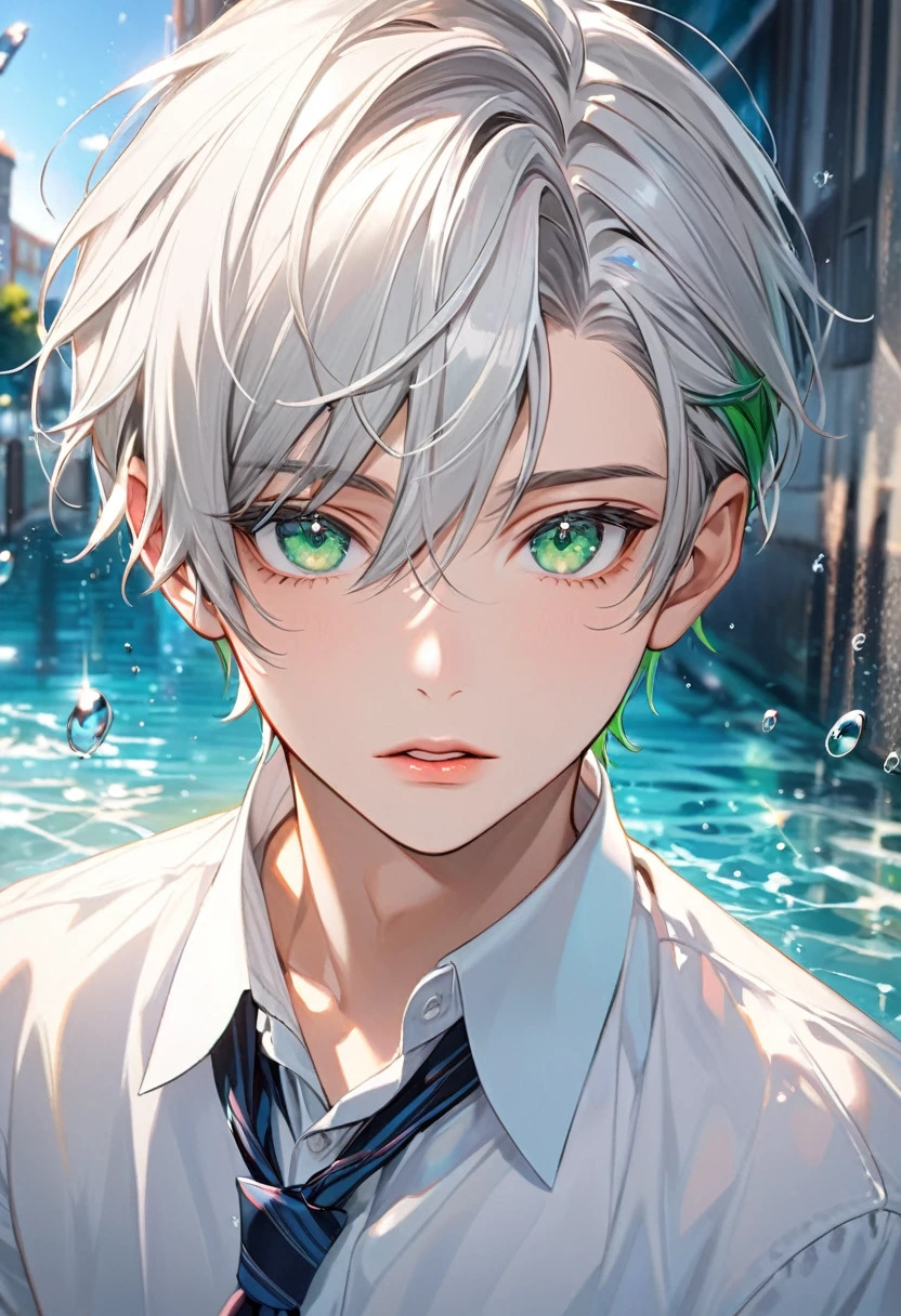 High quality, detailed, detailed background, casual, water drops sparkling in the background, young boy, high school boy, Silver hair, Transparent sea green eyes, intense gaze, alluring, looking at the camera, highlights, detailed eyes, parted lips, detailed lips, Short silver hair, hair streaks, beautiful boy, perfect face, wearing a prestigious school uniform,
