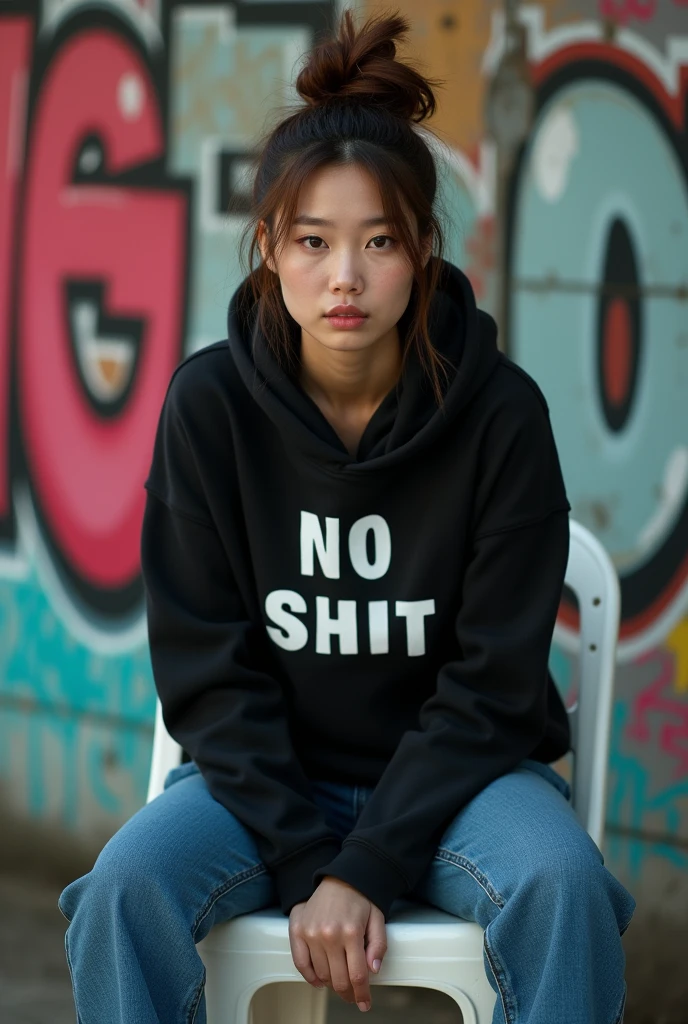 picture of beautiful tanned japanese woman, messy bun hair, clean face, wearing black hoodie write big "NO SHIT" on long cut hoodie and blue jeans, back ground is graffiti wall, vibrant, ((Masterpiece, Top Quality, High Resolution, Photorealistic, Raw, 8K)), sitting casually facing forward on white cheap plastic chair, in the shadow, bored, realistic