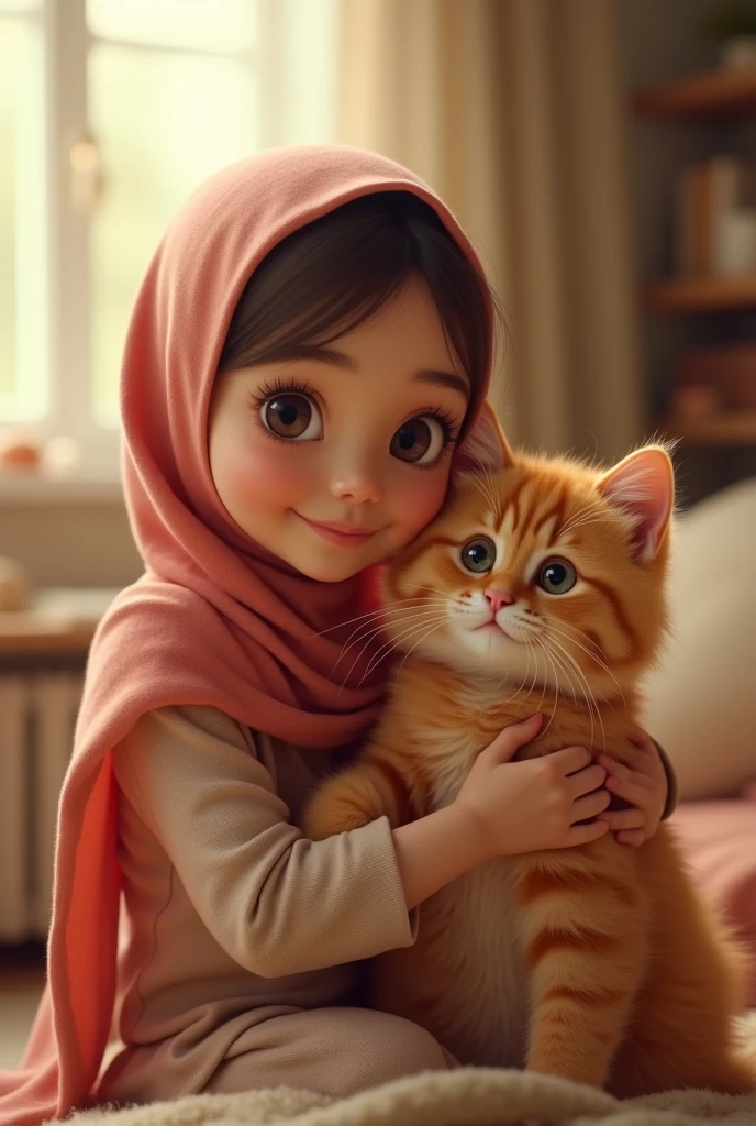 Photorealism cute hijab girl with a cute orange cat