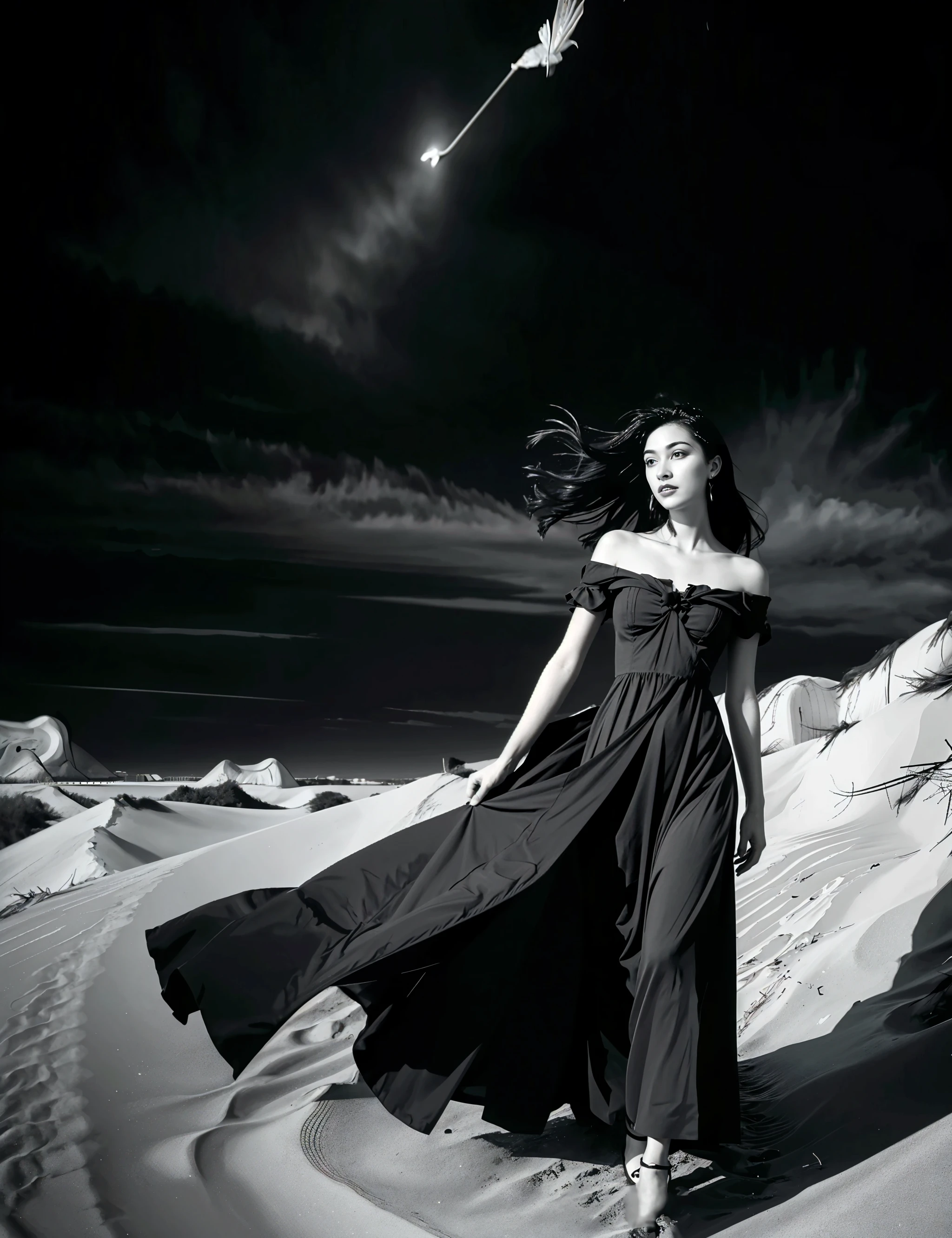A captivating cinematic photograph of a fearless young woman standing defiantly on a rocky cliff during a fierce storm. Her hair and garments are whipped by the fierce wind, while her eyes are locked onto the tempestuous sky. The centerpiece of the image is a radiant golden heart visible through her clothing, representing her unwavering determination and inner strength. In her grasp, she holds an exquisite crystalline shield, which emanates a soft glow, deflecting the wrathful waves and lightning. The dramatic, monochromatic palette of the sky enhances the intensity of the scene, creating an awe-inspiring visual representation of protecting one's feelings and emotions.