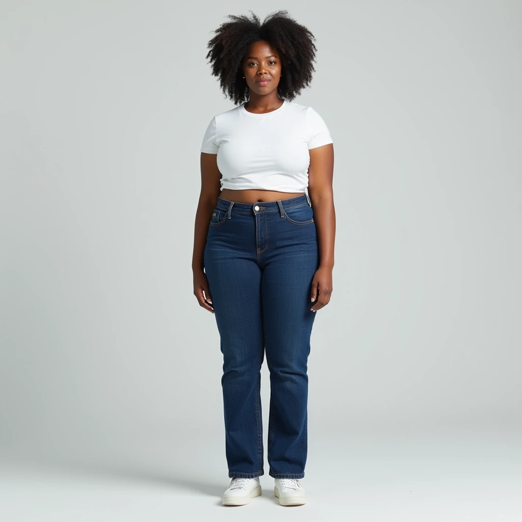 image captured with a Sony α7 III camera, full body shot, an narrow waist, wide hips, and a big breast. The proportions are highly stylized, with a sharp contrast between the tiny waist and the expansive curves of the hips and chest, young Black woman early 20's, straight cut  jeans in dark Blue color, fitted waist tee in white color, standing, white shoes, light gray background.