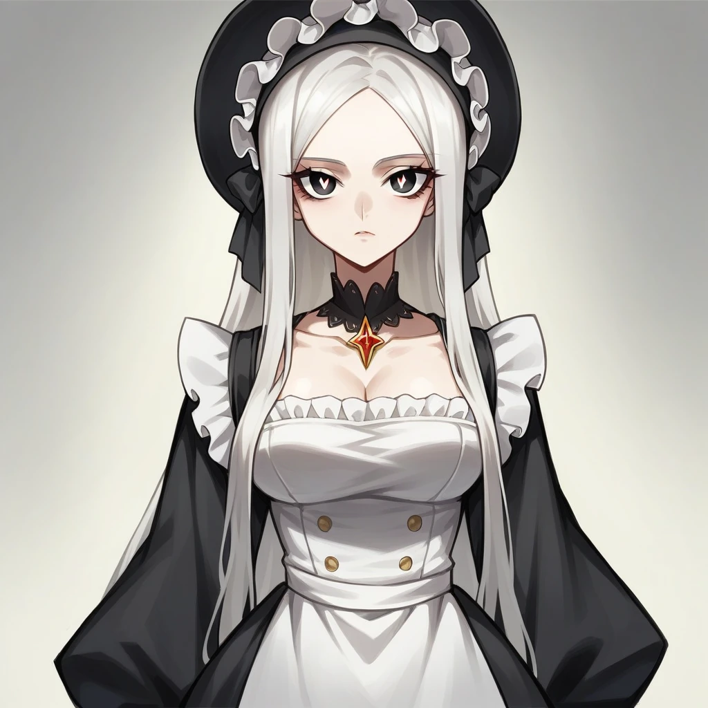 1girl, Solo, Looking At Viewer, Very Long Hair, White Hair, Black eyes, Gold Pupils, 


Her eyes are black with flecks of gold, hinting at the demon within. Her skin pale,  She dresses in worn, earth-toned garments typical of a Puritan family in the 1600s—a long, dark dress, a white apron, and a bonnet, Around her neck, she wears a small, twisted pendant that seems to pulse with a life of its own—the token of her demonic pact, Her skin grew pale, almost translucent, and her hair a stark white, 
