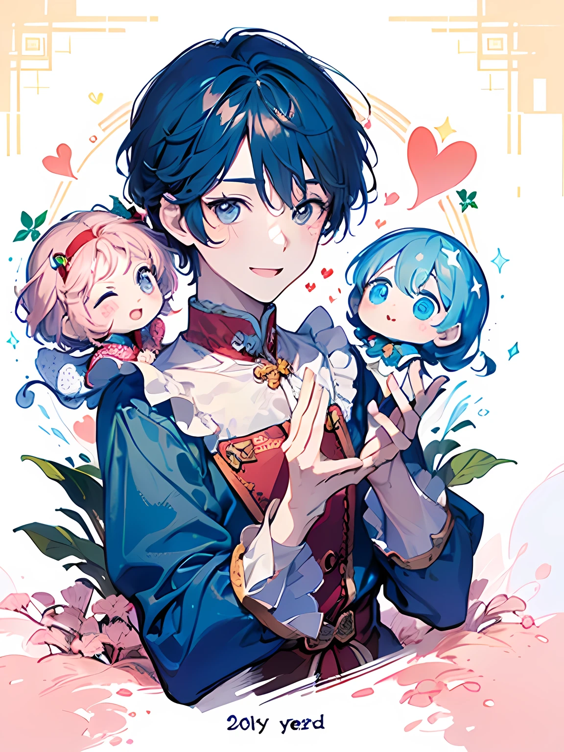 ((man around 20 years old:1.3)),((It's a Small World:1.3)),Prince style from the fairy tale world,alice in wonderland,cheshire cat,(polka dot background:1.2),red、white、pink、yellow,((head down:1.5)),(blush、Full of energy),smile,(hand heart:1.3)