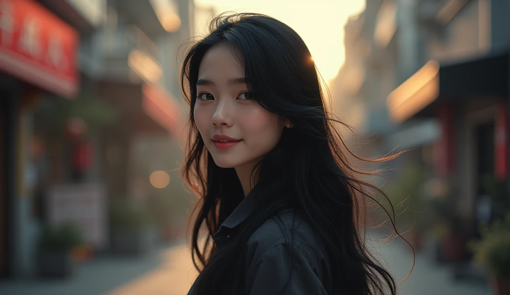 (Best quality, 1girl, Long Black Hair, Shy Smile, Street background, Soft Lighting)