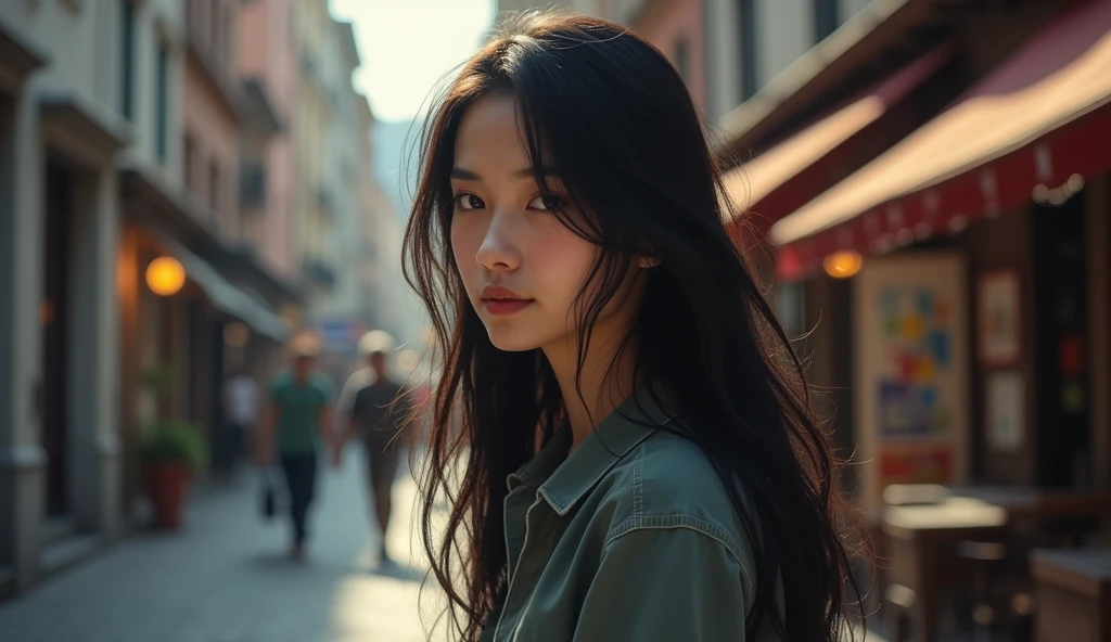 (Best quality, 1girl, Long Black Hair, Shy Smile, Street background, Soft Lighting)