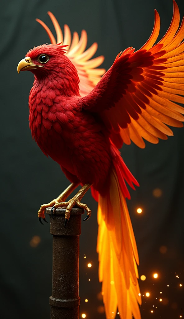 Fawkes, a Dumbledore's phenix, Fawkes has scarlet feathers on his body and a golden tail, as long as a peacock's tail. His claws and beak are like shiny gold and his eyes are black. Its scarlet feathers glow in the dark, while the golden feathers of its tail are scalding to the touch.