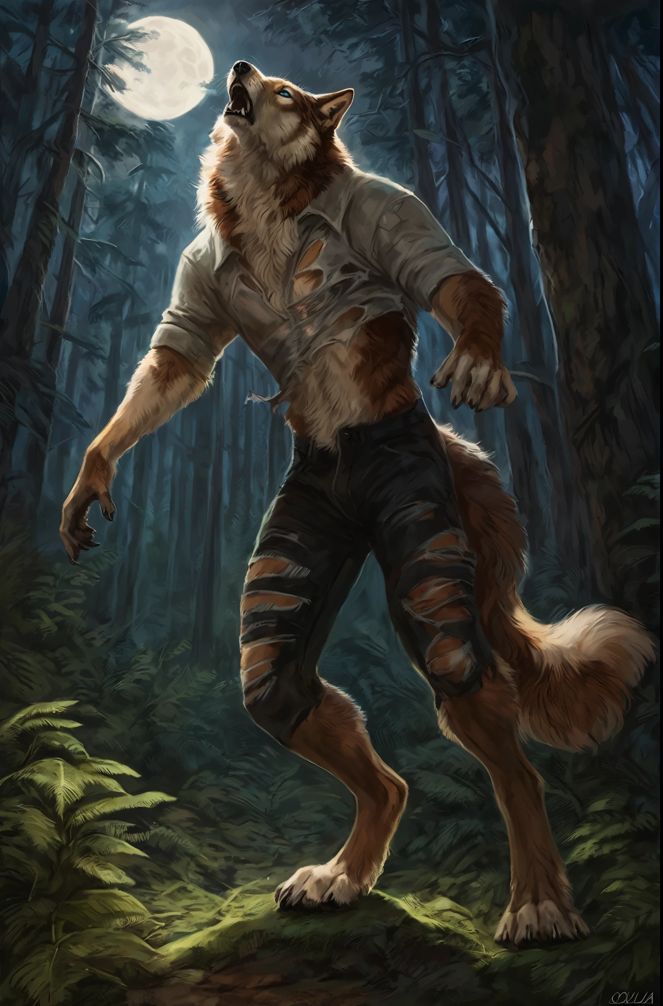 male wolf mid transformation, solo, (Multi-colored fur, White-brown:1.3), ((Wolf face, Big eyes, White eyelids, Blue pupil, Slim:1.2) (Tough, Calm expression:1.2)), (Height 2.1 meters,Tail length 1.5m), Abs, Slim, pinging, (Correct anatomy), (Contour bone:1.2), (detailed outfits), a long large tail,(Realistic fur, Detailed fur texture, labeled:1.3)), (Natural lighting), masterpiece, best art, digitigrade, by dan mumford, by oouna, torn pants, torn shirt, detailed hands, detailed eyes, detailed torso, forest, howling expression, transformation, human face, night, moon, closed eyes, howling up, muscular
