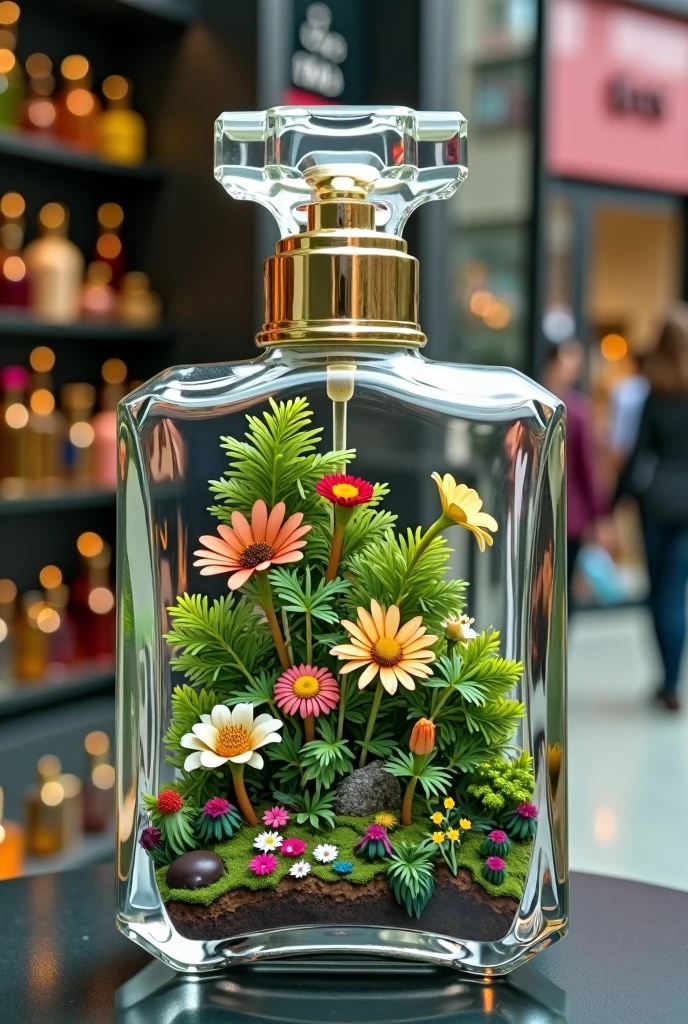 Image 85 K lus and clear environment of a transparent perfume bottle and inside it a botanical garden with many flowers and trees representing a flowering forest this perfume bottle has a lid with gold details in the background of the image is a window of a store with several perfumes in a busy shopping mall 