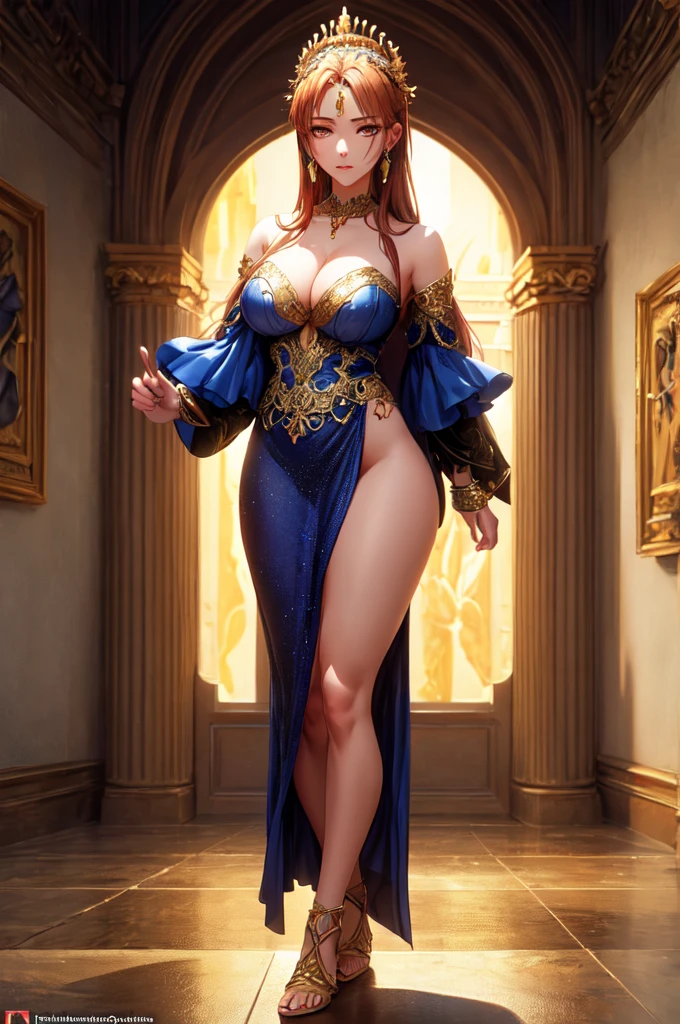 A beautiful young Greek princess with long flowing hair, piercing eyes, elegant facial features and a serene expression (anime style), detailed face and body, intricate jewelry and ornate dress, standing in a mythical Greek landscape, warm color palette, photorealistic , high detail, cinematic lighting, masterpiece, full body, seductive, erotic, hot, cleavage.