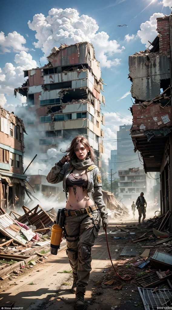 Torn Apocalypse Costume, huge breasts, Embarrassed Pose, Open clothes, sweaty body, masterpiece, best quality, high resolution, Rich details, 8k, extreme light and shadow, Image of a beautiful young woman wearing yellow tactical gear, dirty and dusty , Walk through the ruined streets of a fallen city, Post-apocalypse, Smoke and fog in the air, The yellow-gray sky bursts open, covered with toxic clouds.., collapsed buildings, Broken streets, tall body, detailed face, detailed eyes, cold face, dirty, (Post-apocalypse theme),