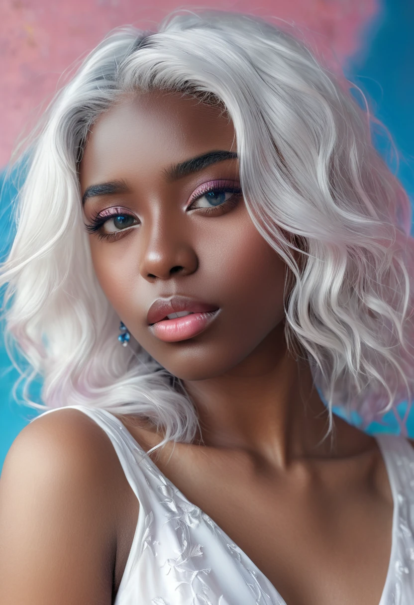 comely (((darkskin:1.2))) androgen:1.3, ((darkskin:1.2)), (((White hair))), ethereal darkskin beauty,blue piercing eyes,long flowing White hair,darkskin complexion,soft pink lips,sensual behavior,seducing gaze,pose crying expression with subtle tear,pure white dress,Delicate features,striking contrast with the environment,soft natural light,subtle shadows,ethereal atmosphere,swirly vibrant colors,dream scenario,romantic atmosphere,artistic portrait,highly detailed rendering,Photorealistic quality.