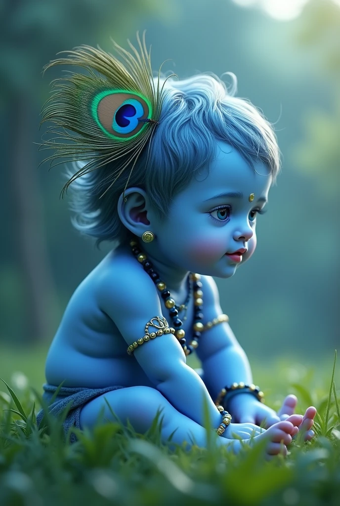 Fetch me an image on janmashtami of little krishna of blue colour sitting on grass with beautiful peacock feather on his head of single colour preferably blue more realistic.