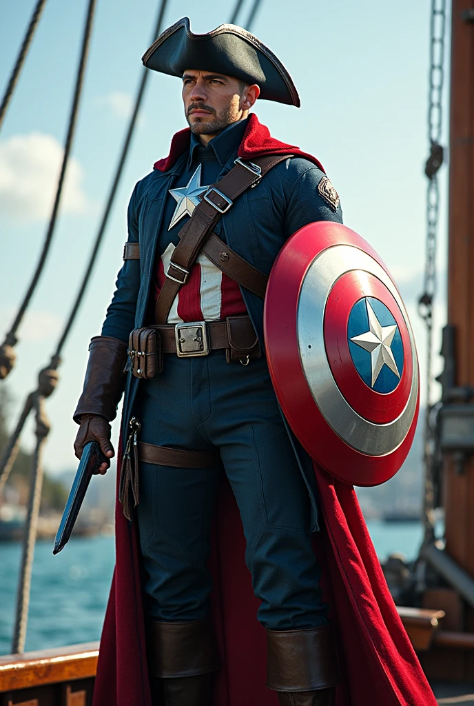 full body superhero marvel captain america pirate costume, holding the shield, pirate hat standing on boat